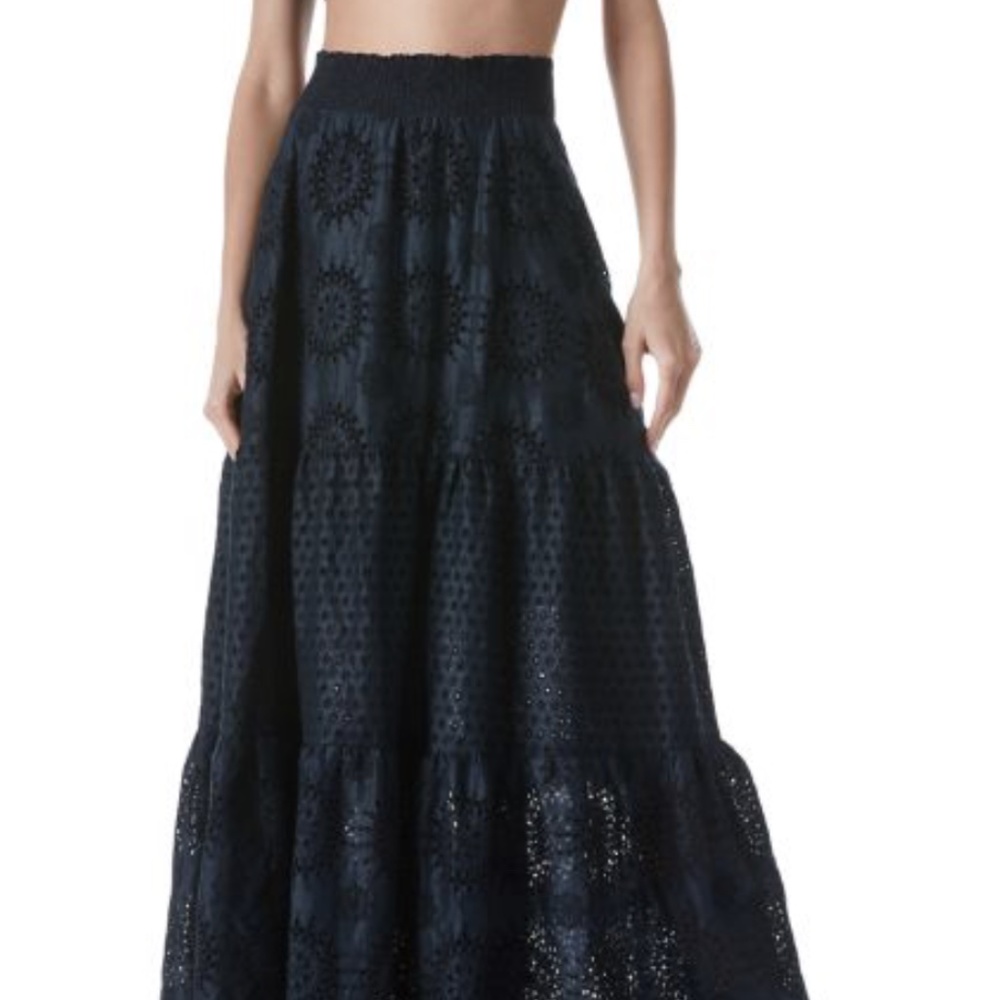 Alice and Olivia Reise Eyelet Tiered Maxi Skirt, Black - Retail $595
